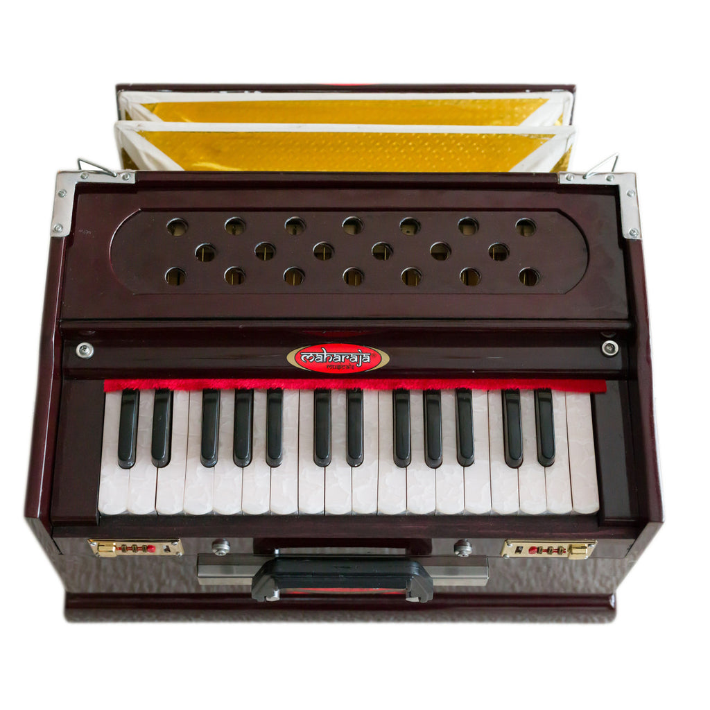 Maharaja Musicals, Portable Dark Mahogany Color Harmonium, Small, 2 1/4 Octaves Saptak, 3 Fold Bellow, 17x10x10 Inch, Handle, Bag, Kirtan Yoga Companion PH2