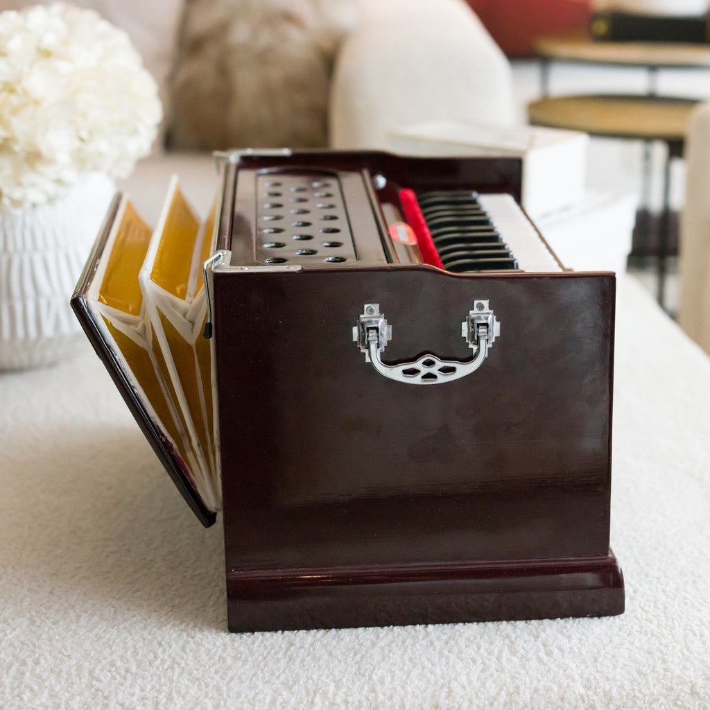 Maharaja Musicals, Portable Dark Mahogany Color Harmonium, Small, 2 1/4 Octaves Saptak, 3 Fold Bellow, 17x10x10 Inch, Handle, Bag, Kirtan Yoga Companion PH2