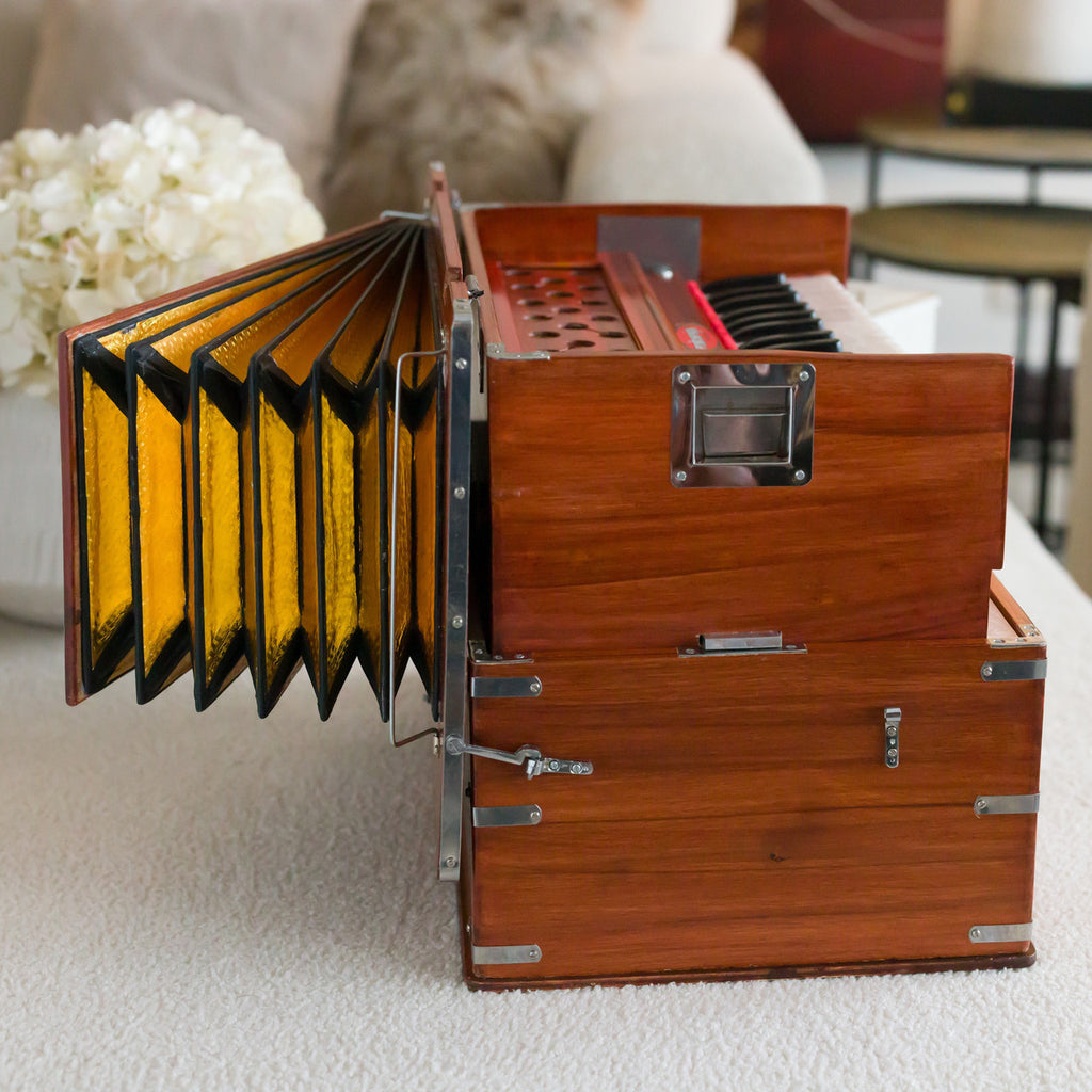 Maharaja Musicals, Portable Kirtan Harmonium, Portable Flight Model, Dark Wood, Multifold Bellows, 32 keys, 19 x 12 x 13.5 inches,  Bag, Kirtan Yoga Companion KHF1