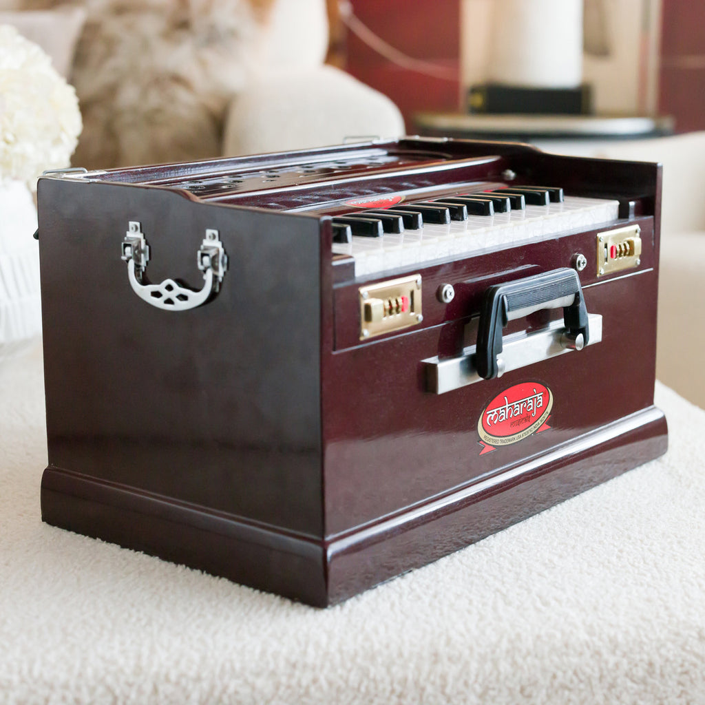 Maharaja Musicals, Portable Dark Mahogany Color Harmonium, Small, 2 1/4 Octaves Saptak, 3 Fold Bellow, 17x10x10 Inch, Handle, Bag, Kirtan Yoga Companion PH2