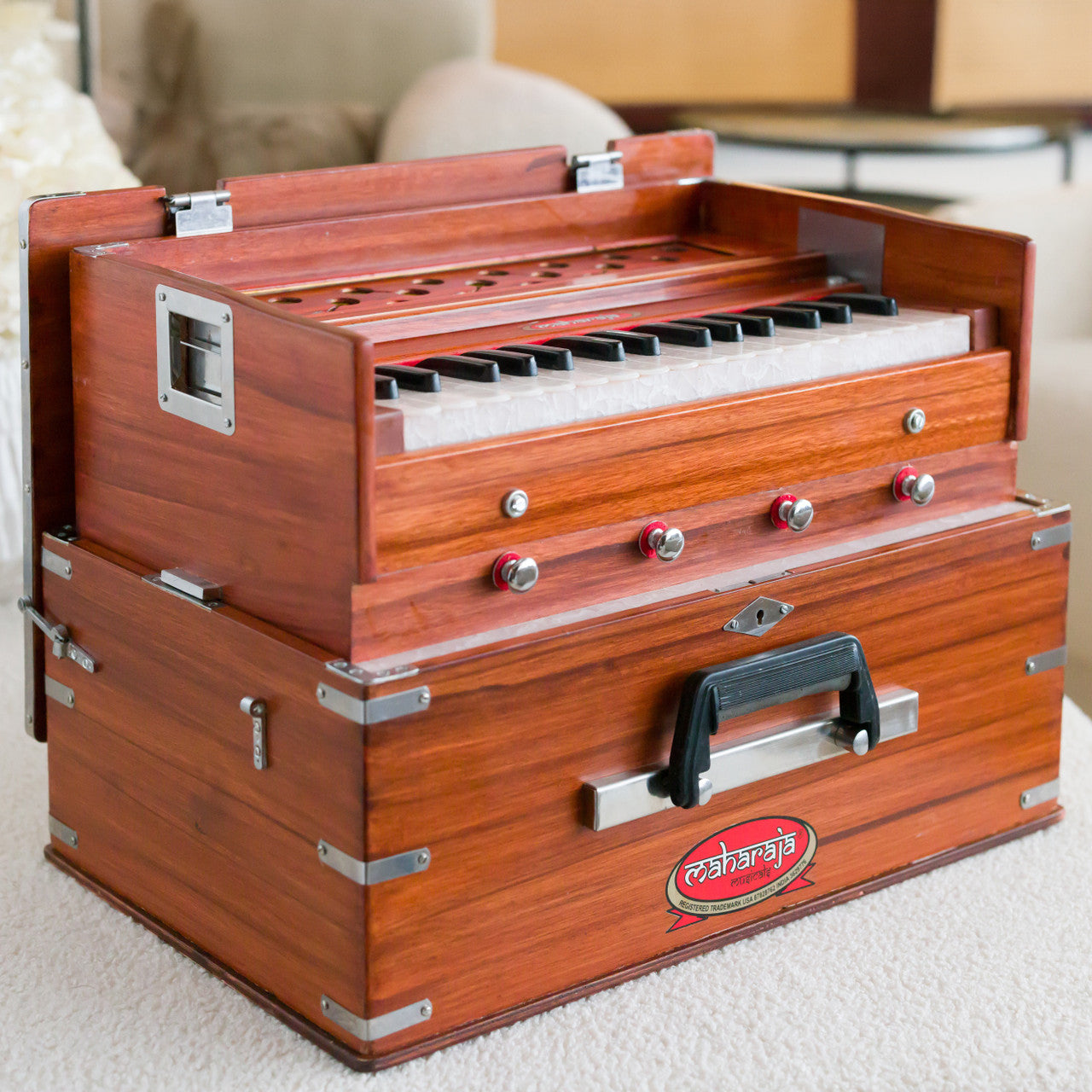 Maharaja Musicals, Portable Kirtan Harmonium, Portable Flight Model, Dark Wood, Multifold Bellows, 32 keys, 19 x 12 x 13.5 inches,  Bag, Kirtan Yoga Companion KHF1